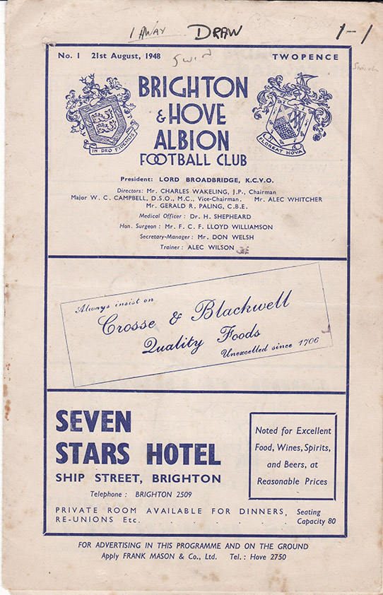 <b>Saturday, August 21, 1948</b><br />vs. Brighton and Hove Albion (Away)